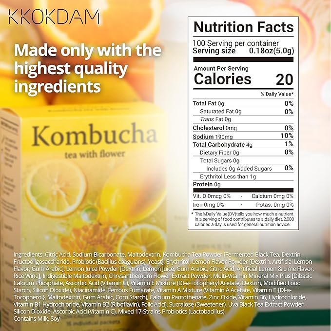 KKOKDAM Kombucha Tea - Lemon & Chrysanthemum Korean Tea - Kombucha Drinks Probiotic Support, Low