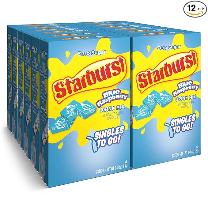Starburst Singles To Go Powdered Drink Mix, Blue Raspberry, 6 Count (Pack of 12) - 72 Total