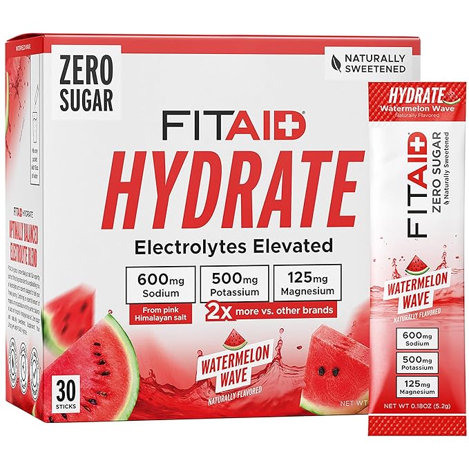 FITAID Hydrate Clean Electrolyte Mix, Zero Sugar, Balanced Electrolyte Ratios: 600mg Sodium, 500mg