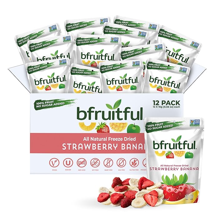 bfruitful Freeze-Dried Strawberry Banana, Freeze Dried Fresh Fruit Bites, Gluten Free, Vegan, Dairy