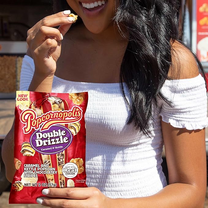 Popcornopolis Double Drizzle 6 ct, 2 oz Case, Caramel and Kettle with Chocolatey Stripes Flavored