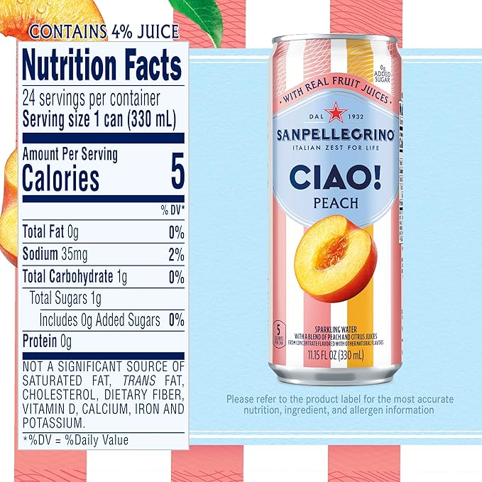 Sanpellegrino CIAO Peach Sparkling Water, Low-Calorie Italian Sparkling Water with Real Fruit