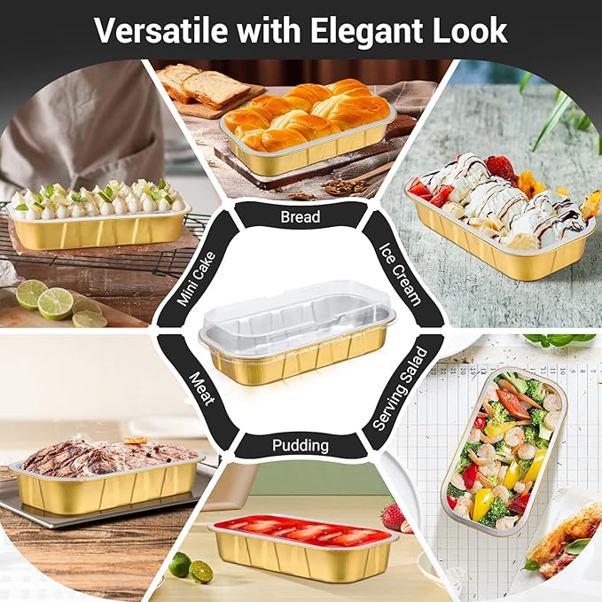 EUSOAR Disposable Ramekins with Lids, Gold 20.9oz 50pcs Mini Cake Pans with Lids，Disposable Bread