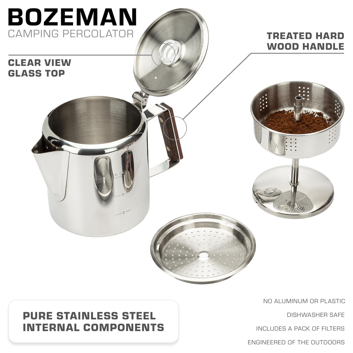 COLETTI Bozeman Percolator Coffee Pot — NO Aluminum or Plastic [6 cup]