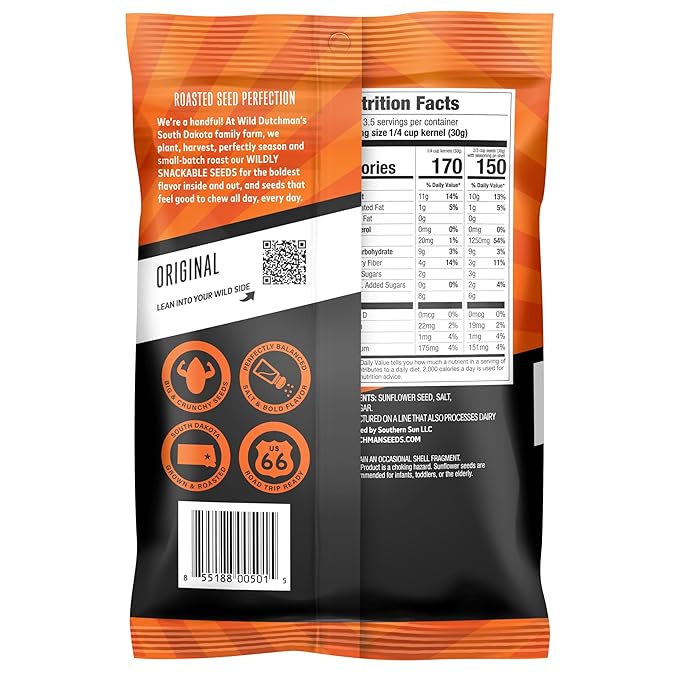 Wild Dutchman Roasted Sunflower Seeds in a Resealable Bag for Ultimate Freshness and an Easy Pour