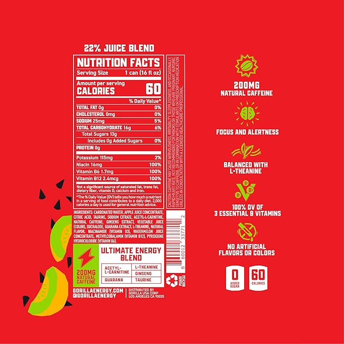 Gorilla Energy Drink, Watermelon Melon, 200mg Natural Caffeine, Real Fruit Juice Squeezed &