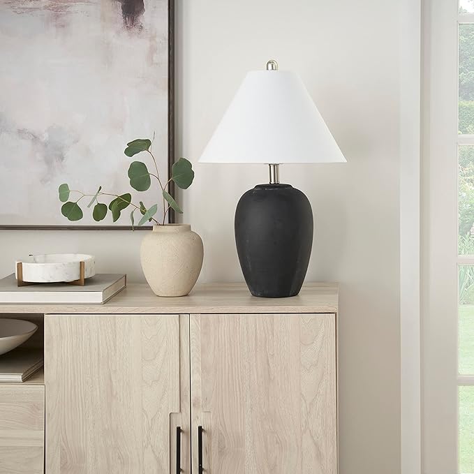 Nourison Home 23" Black Vintage Distressed Ceramic Pot Table Lamp for Bedroom, Living Room, End
