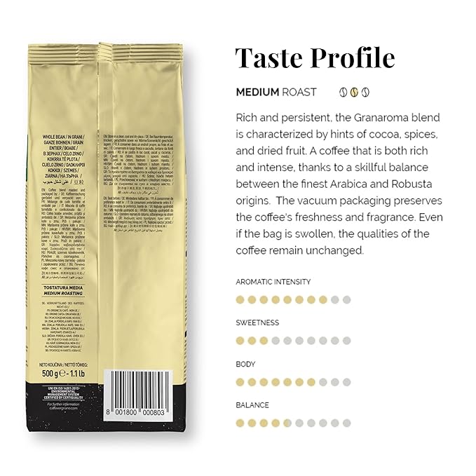 Caffe Vergnano 1882 Gran Aroma Whole Bean Arabica Medium Espresso Roast Coffee, 1.1lbs Bag
