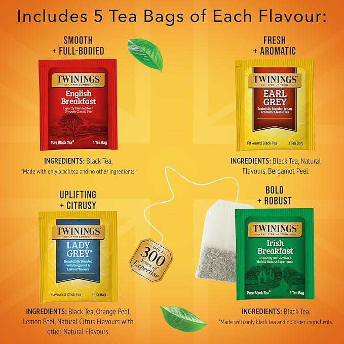 Twinings Variety Pack Black Tea Bags, 20 Count (Pack of 6), Includes English Breakfast, Early Grey