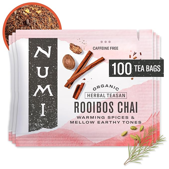 Numi Organic Rooibos Chai Tea, 100 Tea Bags, Herbal Red Tea with Cinnamon, Allspice, Ginger &