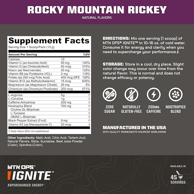 MTN OPS Ignite Energy Drink Powder, Gluten Free Nootropic Supplement Drink Mix, L Arginine, L