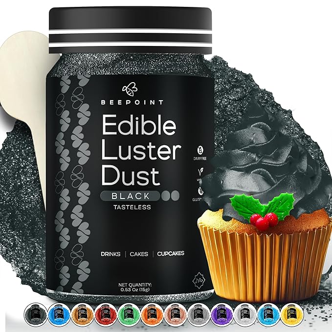 BeePoint Black Edible Luster Dust 15g - Food Grade, Vibrant Color Shimmer Powdered Dust for Drinks