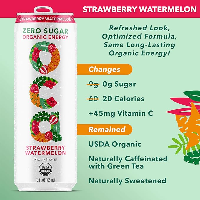 OCA ZERO Strawberry Watermelon, Organic energy drink, zero sugar, gluten-free, vegan plant-based