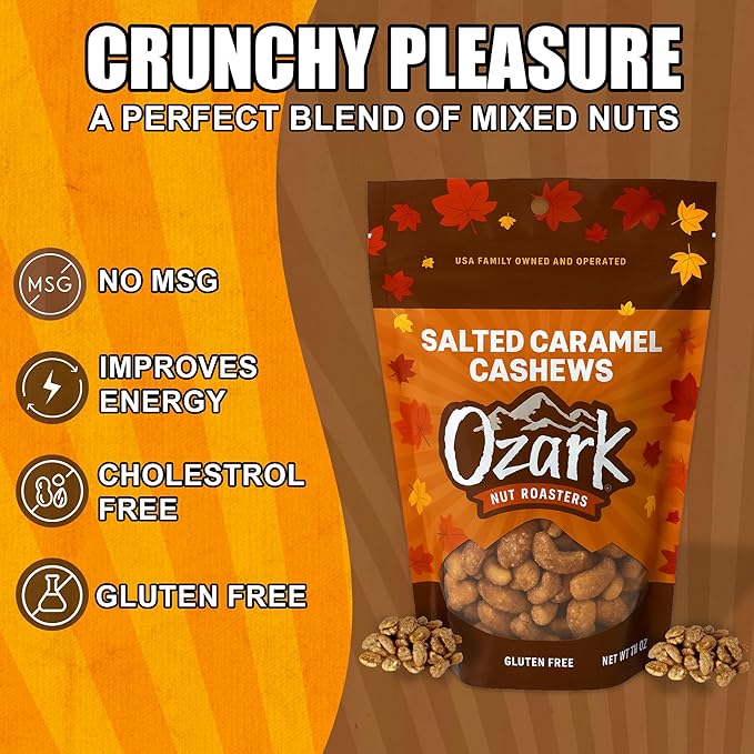 OZARK NUT ROASTERS Salted Caramel Cashews, Gourmet Candied Nuts Snack, Gluten-Free, Sea Salt &