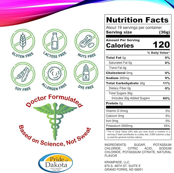Electrolytes Powder Potassium Supplement - 2000 mg K+, >2X More Than Coconut Water | Cramp Relief