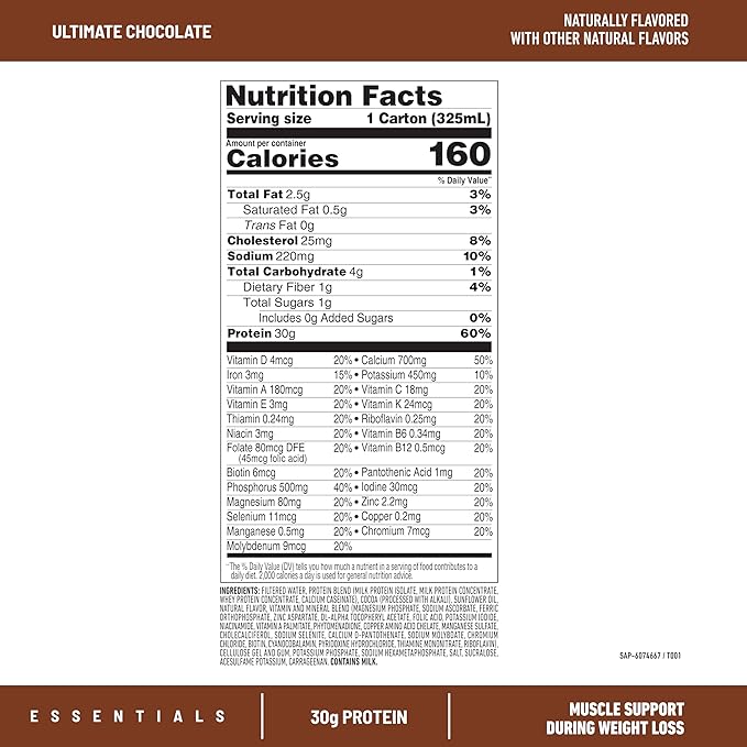 SlimFast Essentials 30g Protein Shake Chocolate, Protein Shakes Ready to Drink, Muscle Support, 1g