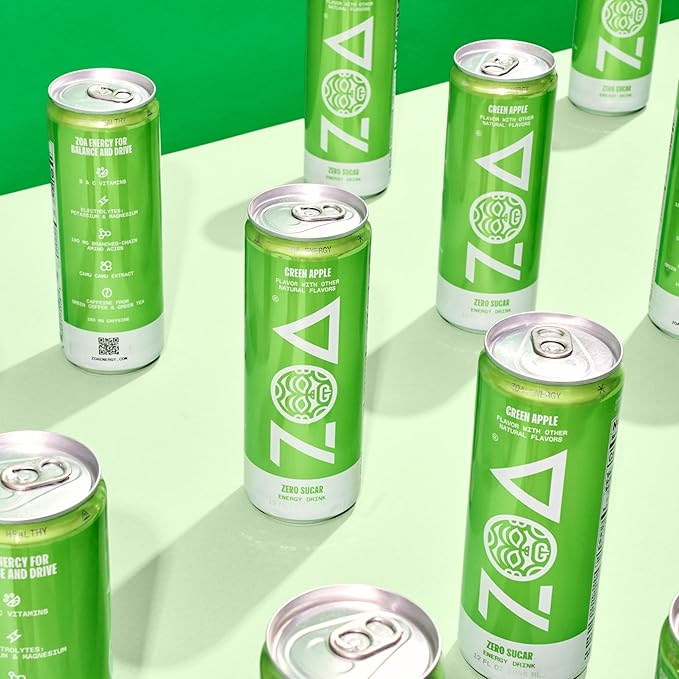 ZOA Zero Sugar Energy Drinks, Green Apple - Sugar Free with Electrolytes, Healthy Vitamin C, Amino