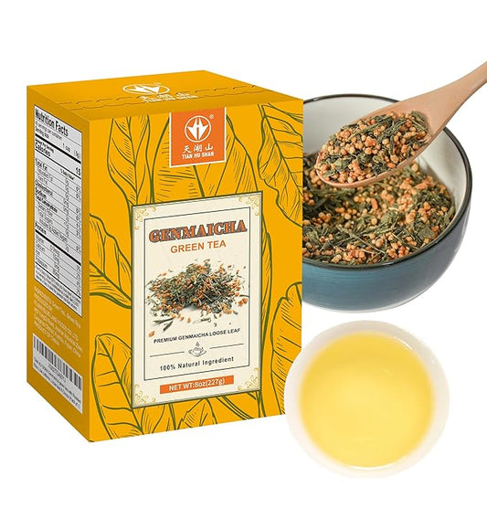 TIAN HU SHAN Genmaicha Green Tea with Roasted Rice, Low Caffeine Genmaicha Tea Loose Leaf 8 Ounce /