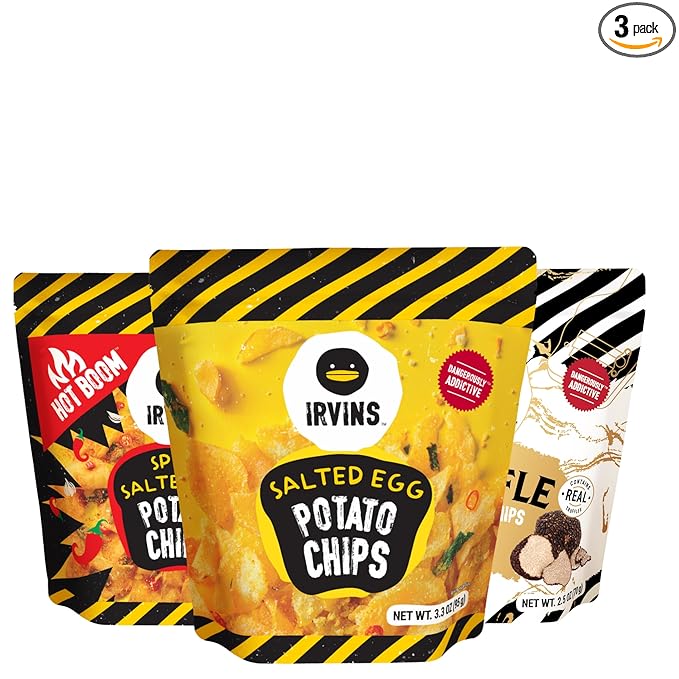 IRVINS Potato Chips Crisps Variety Pack Of 3: Salted Egg Potato Chips (3.7 oz), Spicy Salted Egg