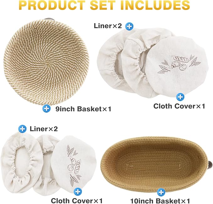Banneton Bread Proofing Basket Set of 2, 9 10 11 inches Round & Oval Cotton Rope Sourdough Bread