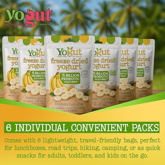 YoGut Freeze Dried Yogurt Snack, Banana, 6 Pk, Healthy Snacks for Kids, Toddlers & Adults, Gluten