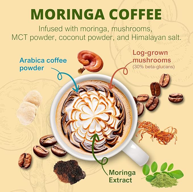 Moringa Mushroom Coffee Infused with Reishi, Moringa & Shiitake - 30% Beta-Glucans, Nutrient-rich