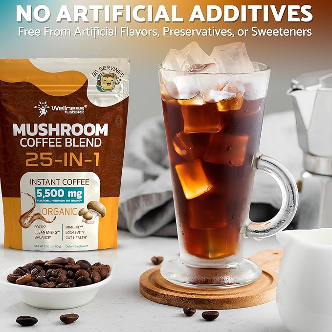 Mushroom Coffee Organic Instant Coffee, 25-in-1, Third-Party Tested Keto Friendly Lions Mane