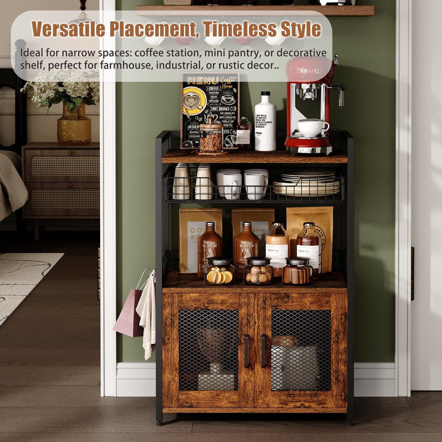 Hencawima Coffee Bar Cabinet, 3 Tier Coffee Station Table on Wheels, 35.9" H Bar Cart with Wire