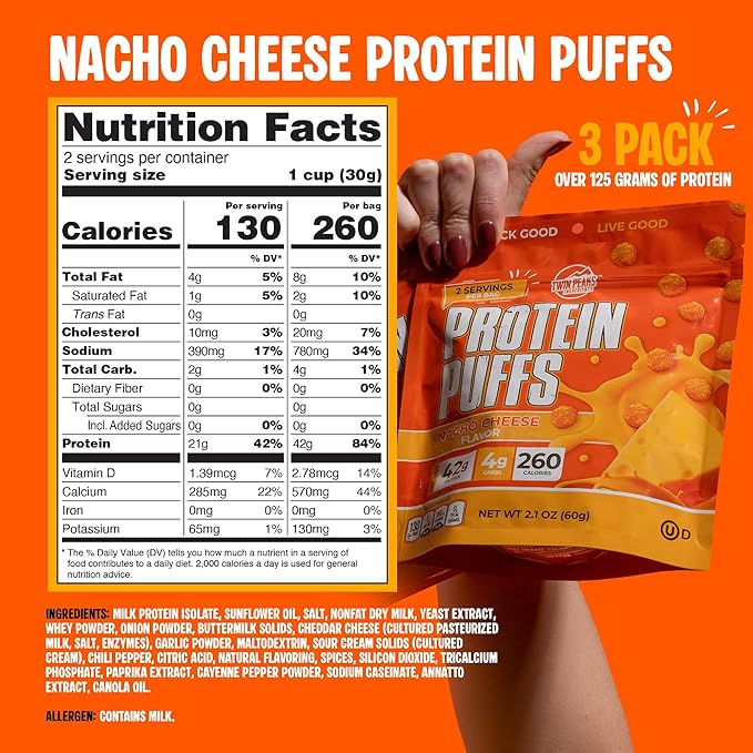 Twin Peaks Low Carb, Keto Friendly Protein Puffs, (Nacho Cheese), 2 Servings, 3 Pack (60g, 42g