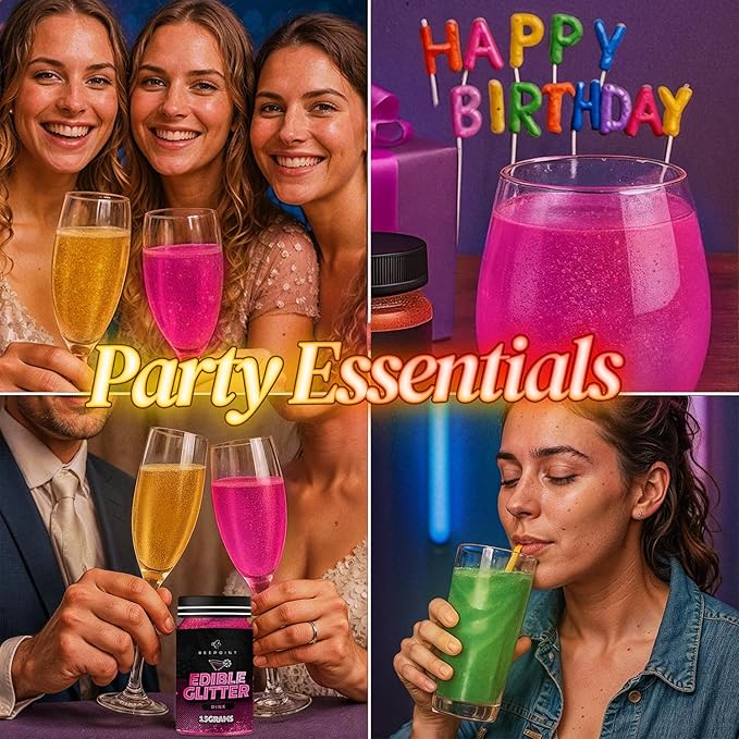 BeePoint Pink Edible Glitter for Drinks 15g - Food Grade, Vibrant Color Shimmer Powdered Dust for
