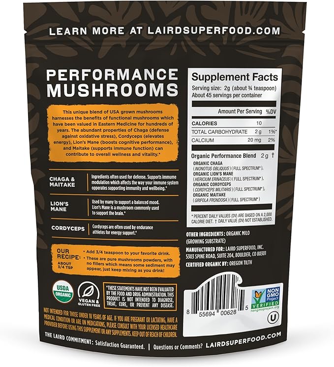 Laird Superfood Organic Performance Mushroom Blend with Chaga, Cordyceps, Lion's Mane and Maitake