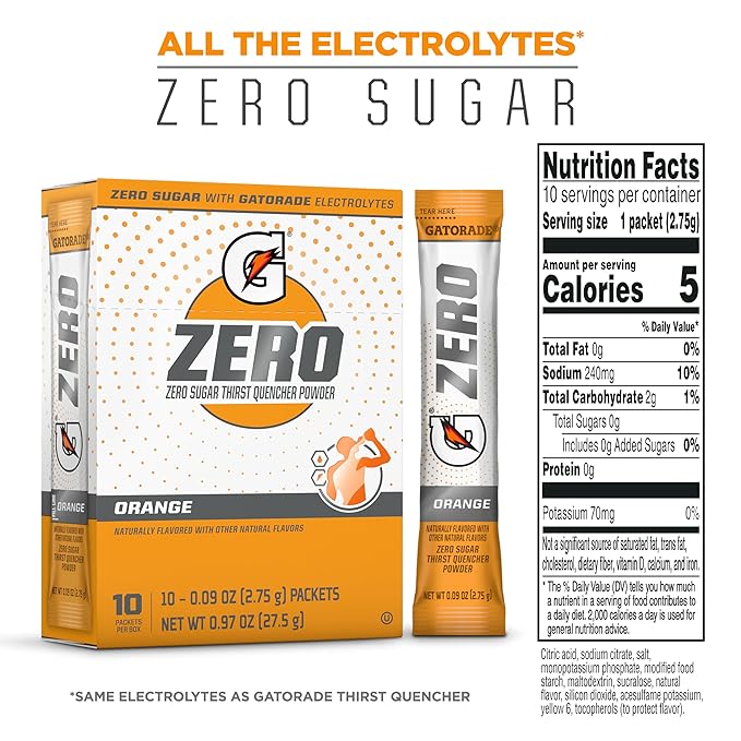 Gatorade G Zero Sports Drink Mix Powder Packets, Orange, Electrolyte Powder Drink Mix for