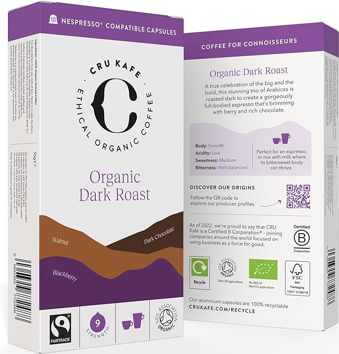 Cru Kafe Dark Roast USDA Organic Espresso Coffee Capsules (50 Pods) Fairtrade Coffee Pods
