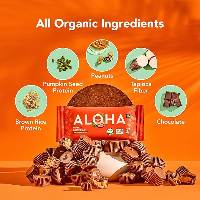 ALOHA Organic Plant Based Protein Bars - Peanut Butter Cup Bar - 12 Bars, Vegan, Low Sugar