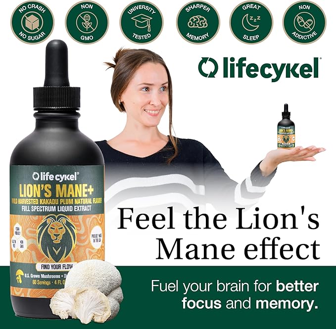 Lifecykel - Lion's Mane Mushroom Extract with Kakadu Plum - Brain Booster Nootropic for Memory