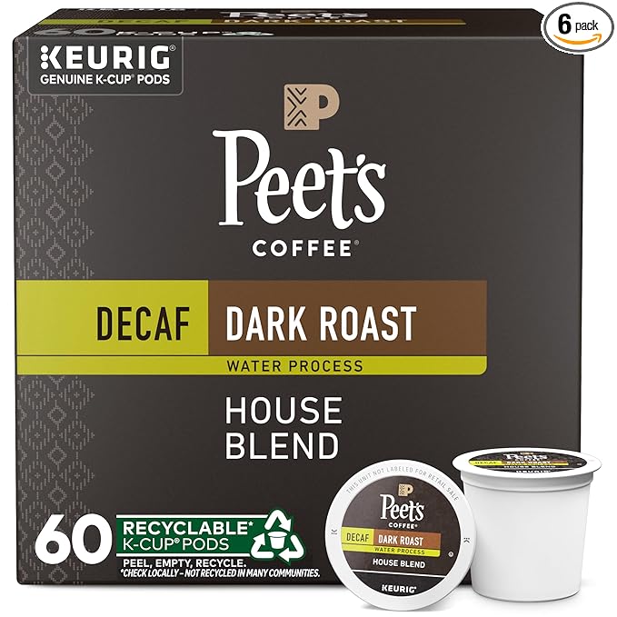 Peet's Coffee, Dark Roast Decaf Keurig K-Cup Pods - Decaf House Blend 60 Count (6 Boxes of 10 K-Cup