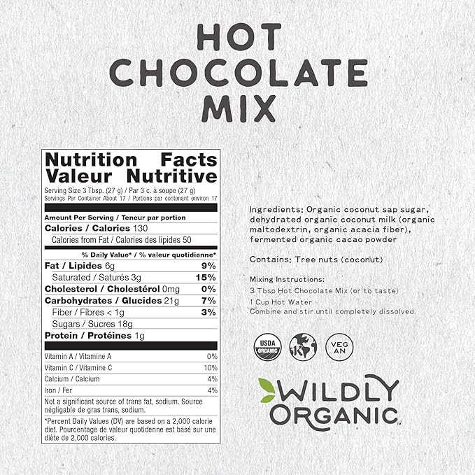 Wildly Organic Hot Chocolate Mix - 16 Oz, 1 lb Bag - Organic, Vegan, Raw Cacao, Fair Trade