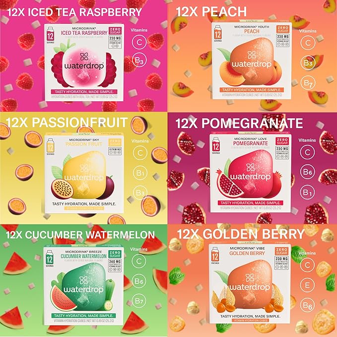 Waterdrop Hydration Cubes With Vitamin C, B Vitamins and Electrolytes, 6 Flavor Electrolyte Variety