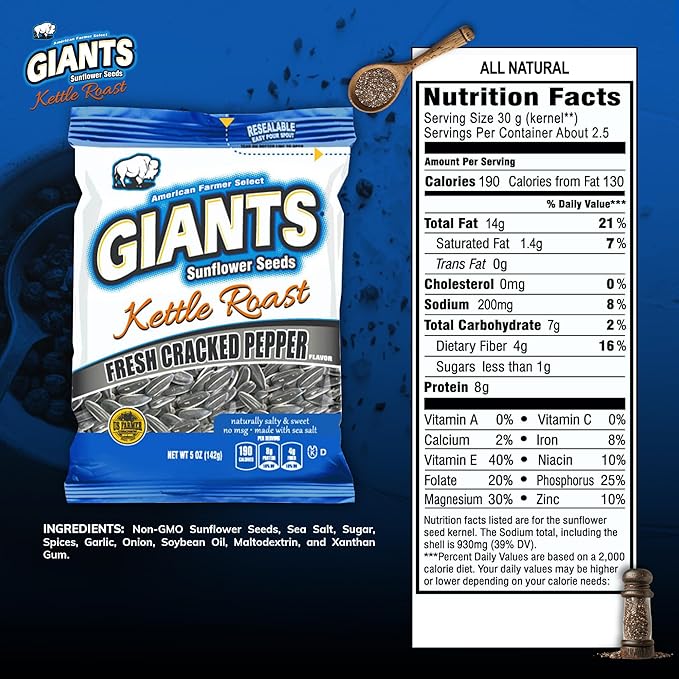GIANTS Kettle Roast Fresh Cracked Pepper Sunflower Seeds - Sunflower Seeds Bulk, Roasted Sunflower