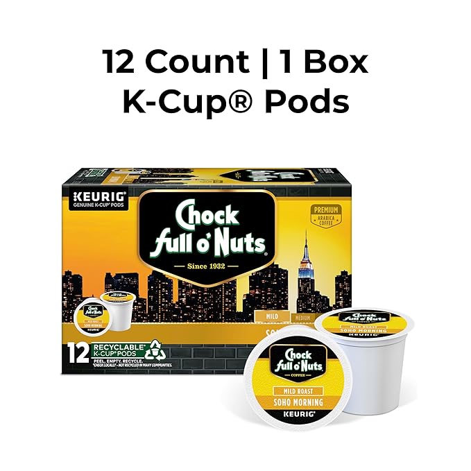Chock full o’Nuts Soho Morning Keurig K-Cup Pods for Keurig Brewers – Premium Arabica, Mild Roast