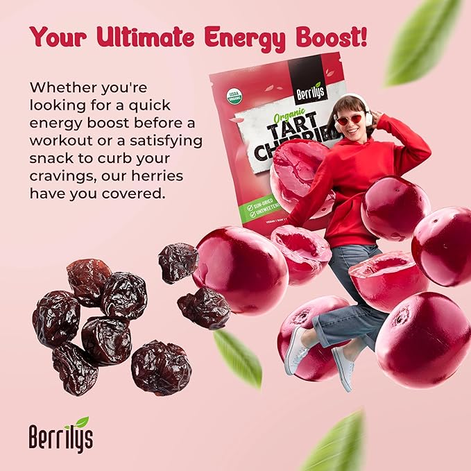 Berrilys Organic Unsweetened Dried Tart Cherries 1 lb, (16 oz) - No Sugar Added, Perfect for