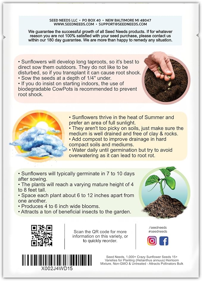 Seed Needs Sunflower Seeds for Planting The Original Crazy Blend | 1 Ounce 15+ Heirloom Varieties