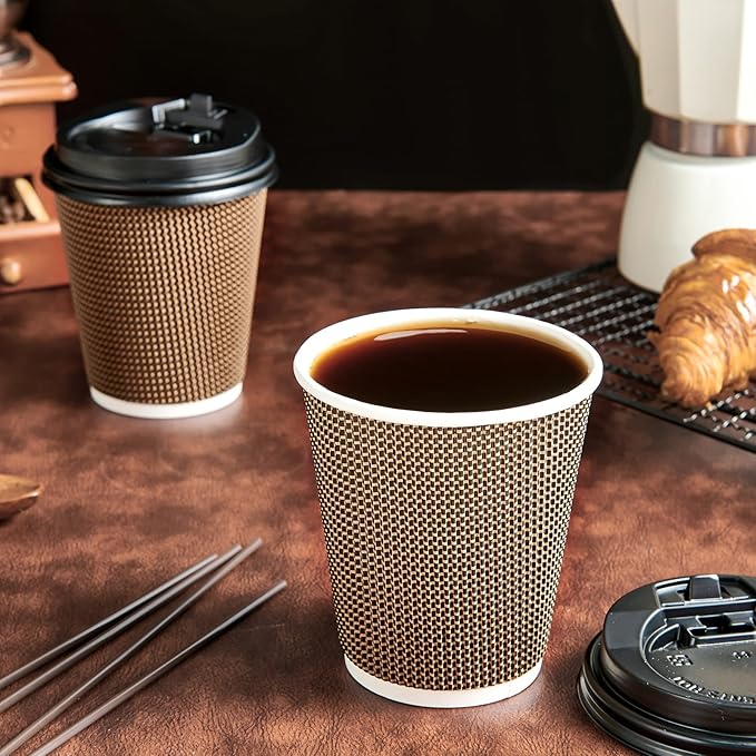 LITOPAK 80 Pack 10 oz Paper Coffee Cups, Insulated Ripple Wall Hot Coffee Cups with Lid and Straws