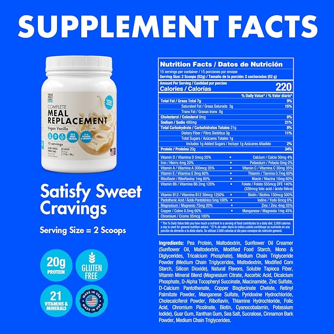 Yes You Can! Meal Replacement Shake - 20G Protein, 5G Fiber, 21 Vitamins & Minerals - Meal