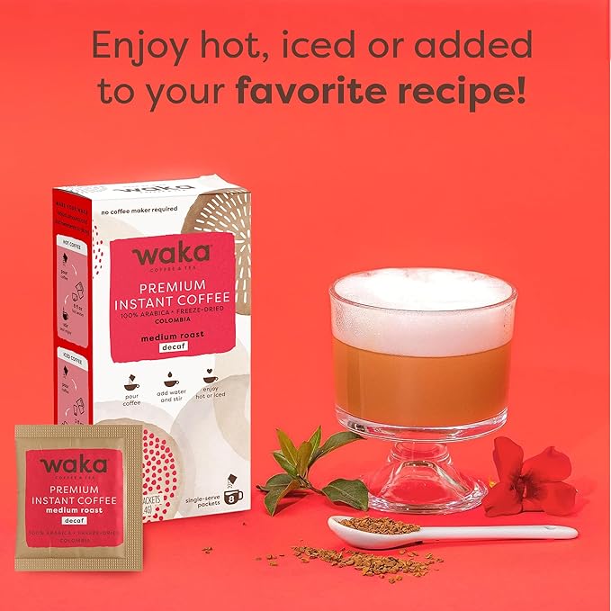 Waka Premium Decaf Instant Coffee Sachets — 100% Arabica Freeze Dried Beans — For Hot or Iced