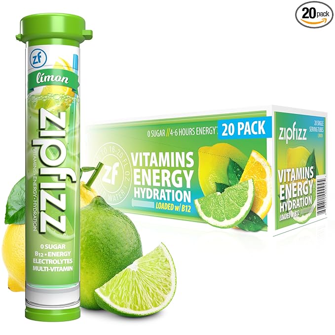 Zipfizz Daily Energy Drink Powder, Limon, 20 Pack | 3-in-1 Sustained Energy, Rapid Hydration, and