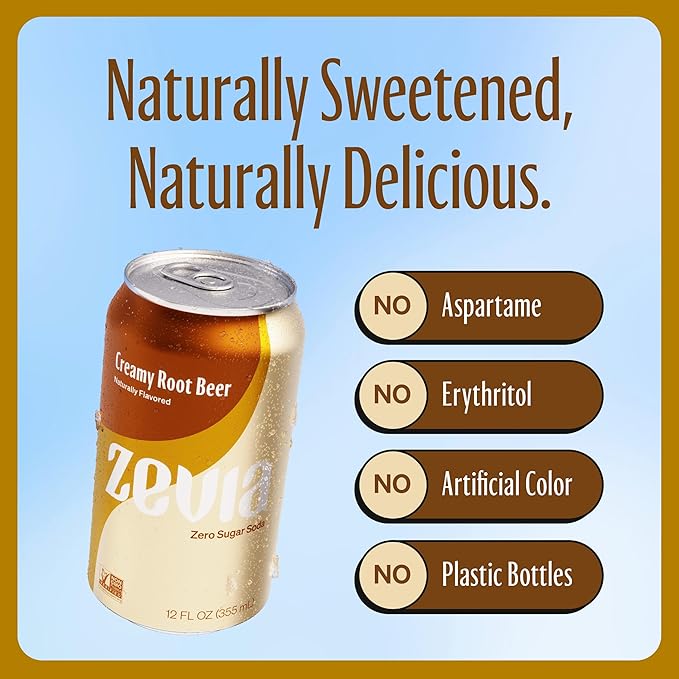 Zevia Zero Sugar Soda, Creamy Root Beer, 12 oz Cans (8-Pack) ??Naturally Sweetened, Non-GMO Project