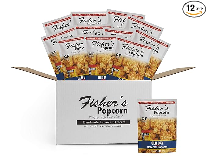 Fisher's Popcorn | Old Bay Seasoned Caramel Flavor | 2oz Bag | 12-Pack