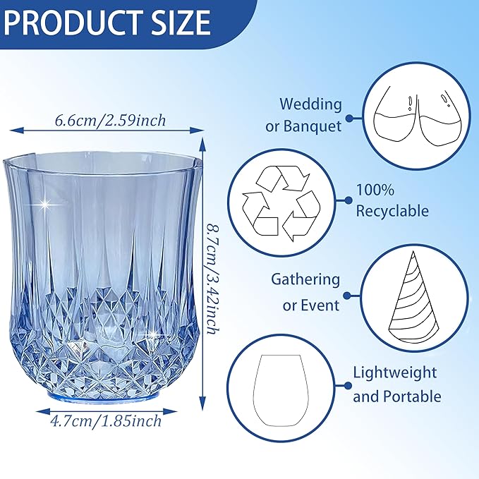 24 PCS Blue Stemless Wine Glasses，Plastic Reusable Cups 9OZ Vintage Drinking Glasses Tumblers for