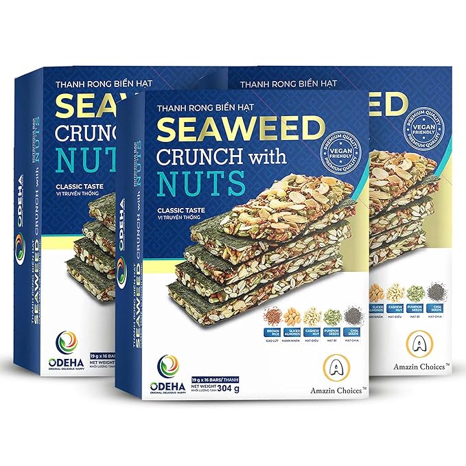 Seaweed Crunch with Nuts Classic Taste. Seaweed Snack Bars with Cashews, Almonds & Pumpkin Seeds by